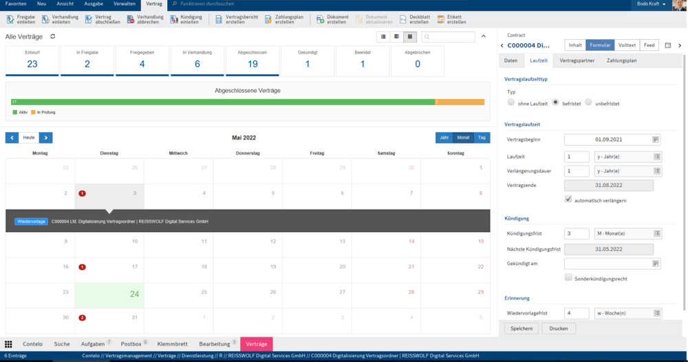 Screenshot Dashboard ELO Vertragsmanagement