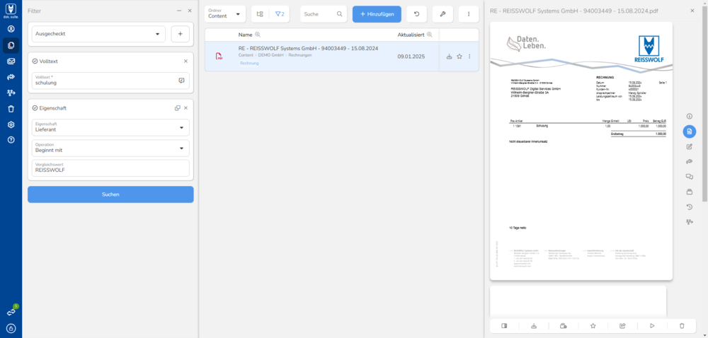Screenshot Dokumentensuche in der REISSWOLF dok. suite.