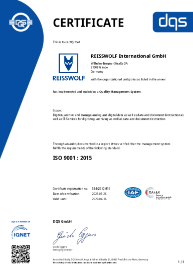 ISO 9001:2015 REISSWOLF Hamburg, Glinde, Schwerin, Elmenhorst-Lanken