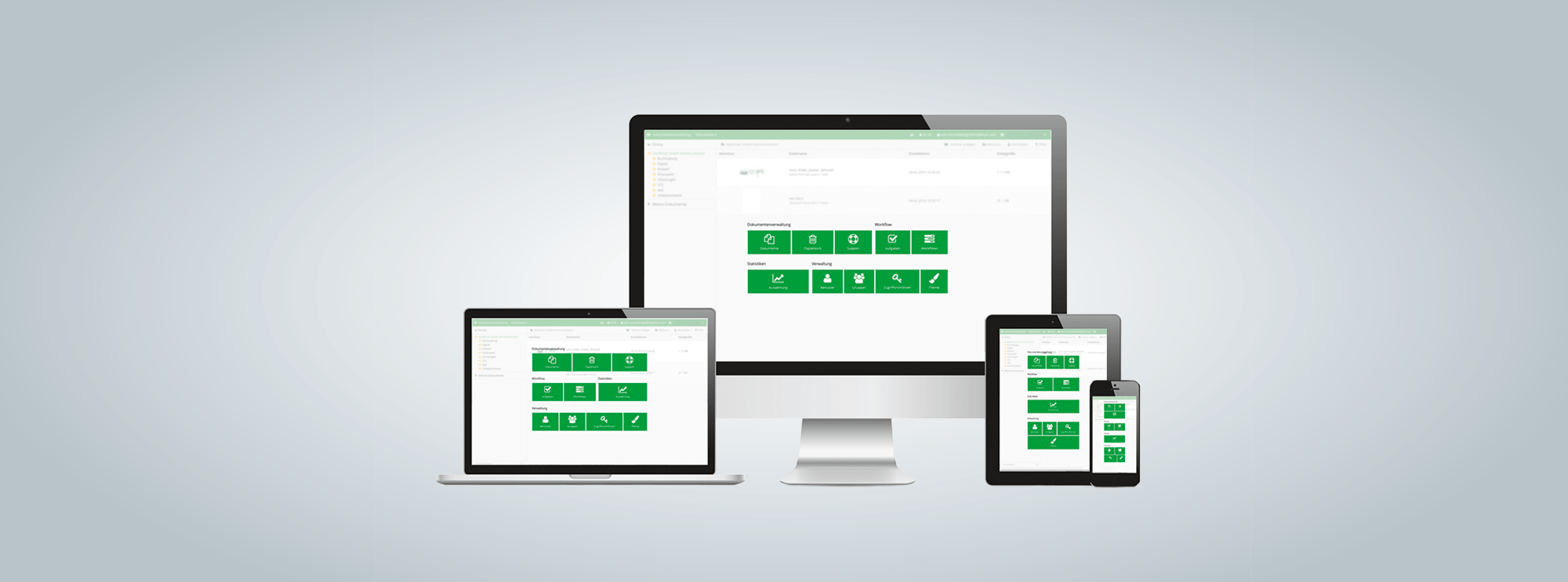 Ansicht der REISSWOLF Cloud-Archiv Software auf einem Desktop PC, Laptop, Tablet und Smartphone